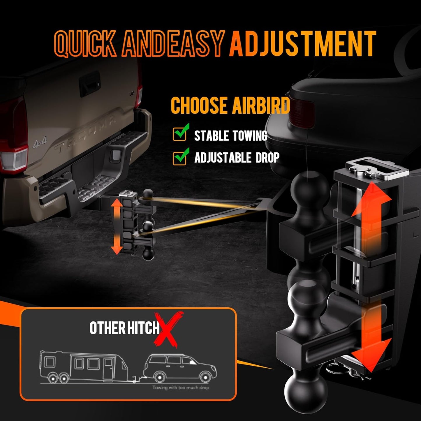 Adjustable Trailer Hitch Fits 2-Inch Receiver, Heavy Duty Tow Hitches (17000 LBS GTW) 6 Inch Drop Truck Hitch Tri-Ball Mount with Hook (1-7/8" x 2" x 2-5/16")