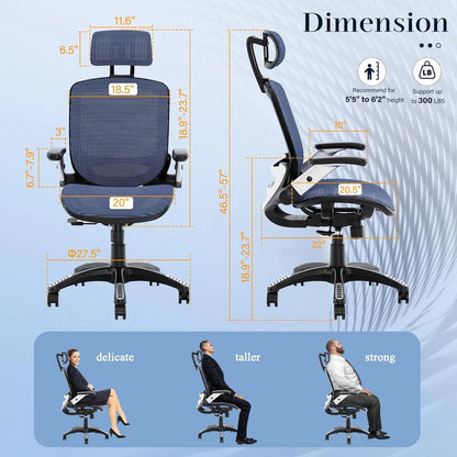 GABRYLLY Ergonomic Office Chair, High Back Home Desk Chair with Headrest, Flip-Up Arms, 90-120° Tilt Lock and Wide Cushion, Big and Tall Mesh Chairs for Man Woman, Black Task Chair