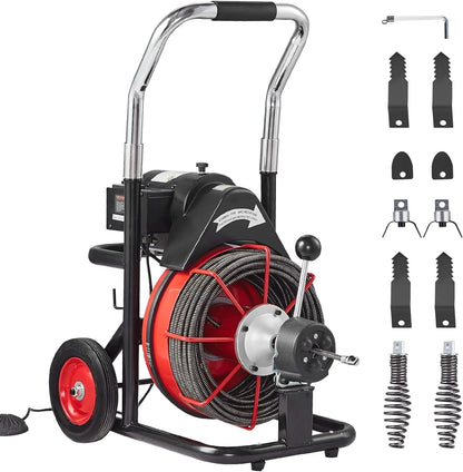 VEVOR Drain Cleaner Machine 100FT x 1/2 Inch, Auto Feed Sewer Snake Auger on Wheels, 550W Portable Drain Cleaning Machine with 8 Cutters & Air-activated Foot Switch for 2" to 4" Pipes