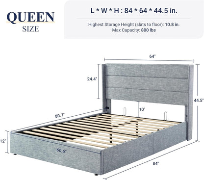 Allewie Queen Size Lift Up Storage Bed, Modern Wingback Headboard, Hydraulic Support, No Box Spring Needed, Light Beige