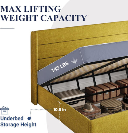 Allewie Queen Size Lift Up Storage Bed, Modern Wingback Headboard, Hydraulic Support, No Box Spring Needed, Light Beige