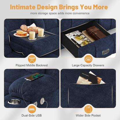 3 Seat Reclining Sofa with Storage Drawer USB Ports & Cup Holders Manual Couch