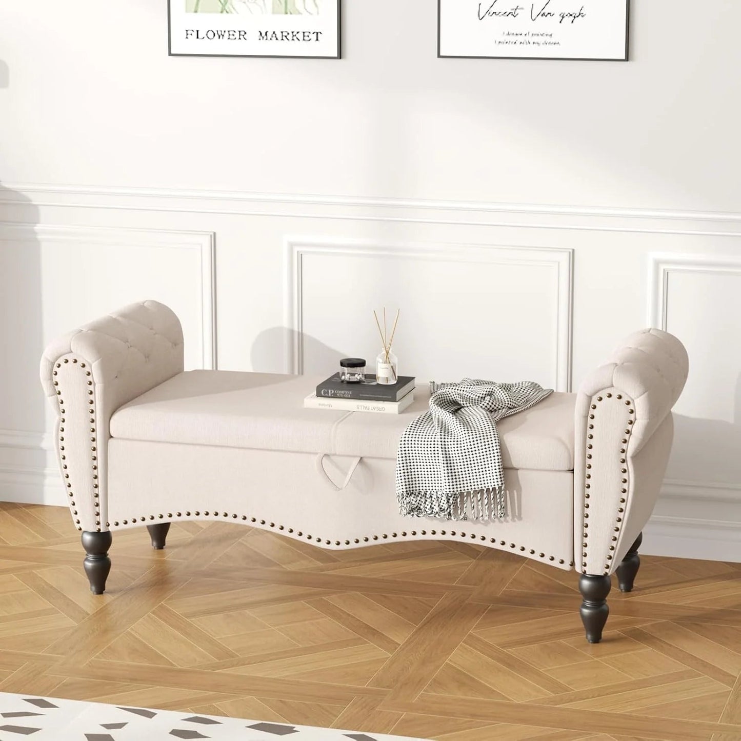 Furniliving Modern Storage Ottoman Bench, Sherpa Ottoman End of Bed Bench with Solid Wood Legs Upholstered Ottoman Benches with Storage Indoor Bench for Living Room with Rolled Arm, Entryway, White