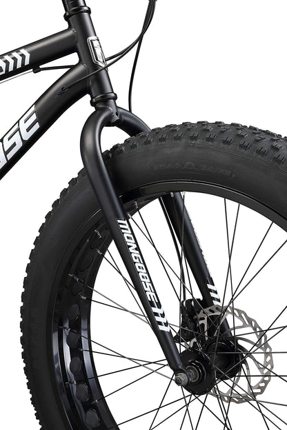 Mongoose Malus Mens and Women Fat Tire Mountain Bike, 26-Inch Bicycle Wheels, 4-Inch Wide Knobby Tires, Steel Frame, 7 Speed Drivetrain, Shimano Rear Derailleur, Disc Brakes